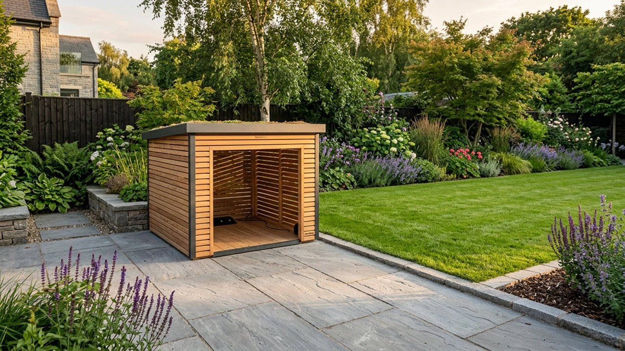 Een stijlvolle houten robotmaaier garage op een stenen terras, perfect geplaatst als laadstation buiten het gazon in een moderne tuin.