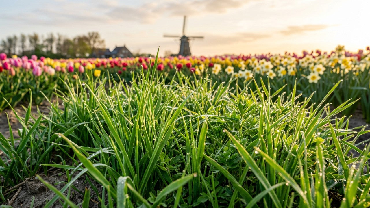Een rustige Nederlandse tuin tijdens zonsondergang met een perfect gemaaid gazon