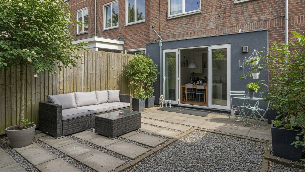 Een modern ingerichte kleine stadstuin met een strak gazon, groene borders en een gezellige loungehoek.