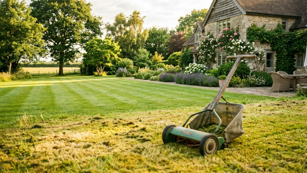 Een traditionele grasmaaier op een gazon belicht door de ochtendzon, klaar voor het wekelijkse tuinonderhoud.