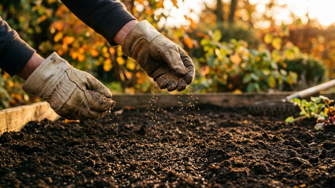 Jonge, felgroene grassprieten groeien uit vochtige aarde met vervaagde herfstbladeren op de achtergrond.