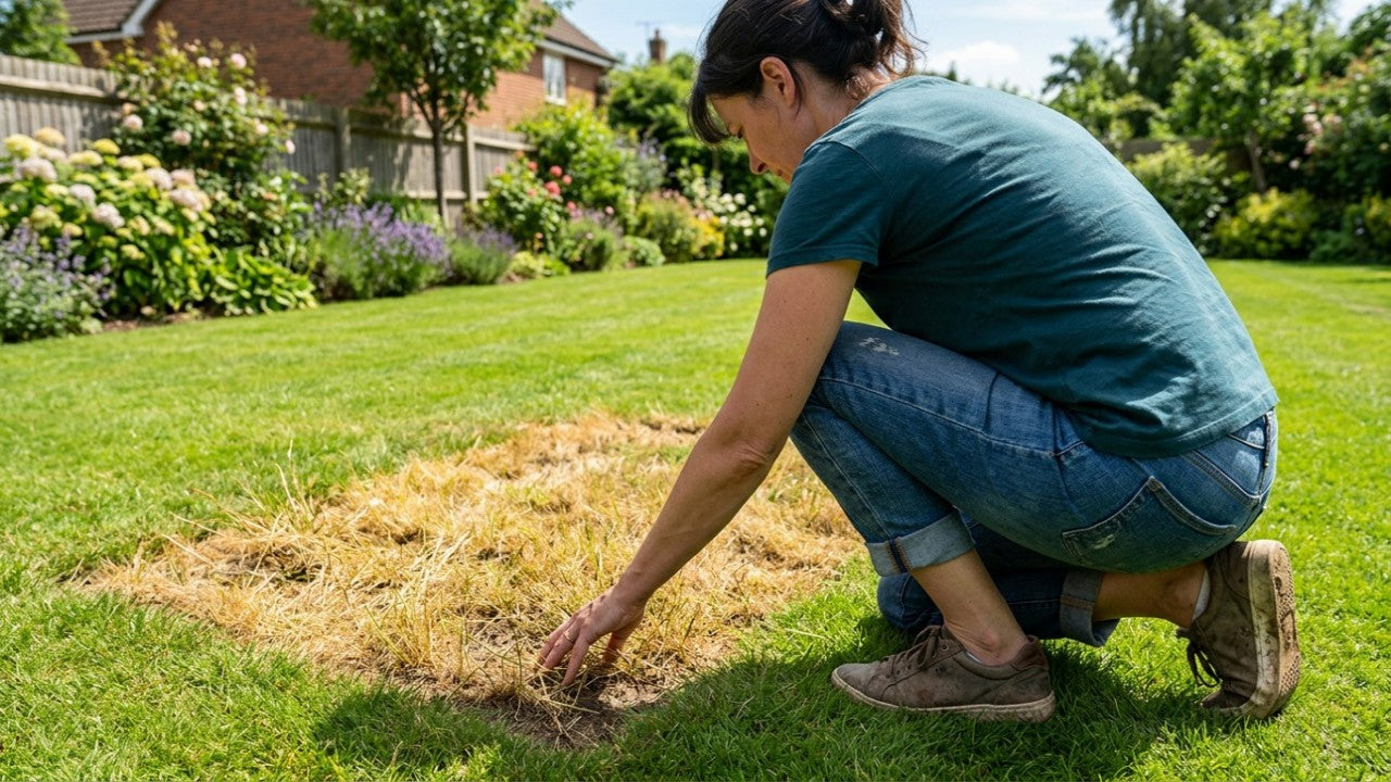 Een tuinbezitter onderzoekt bruine plekken in het gazon om het gras succesvol te herstellen.