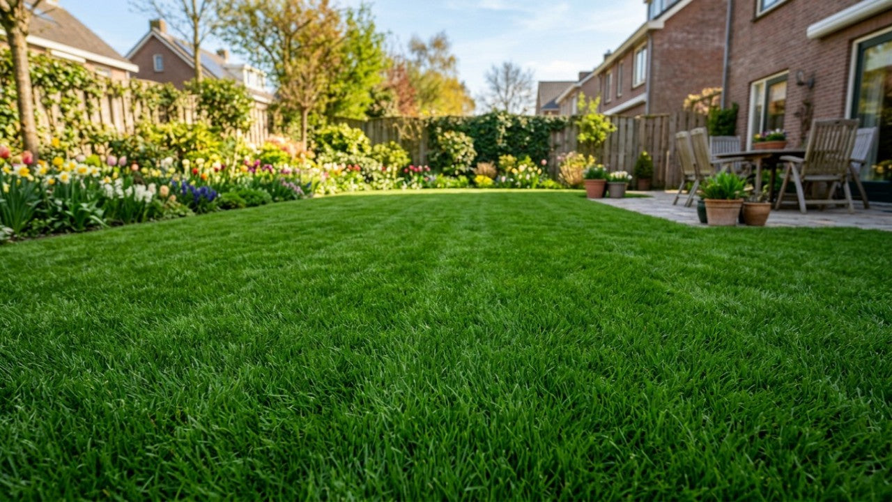 Een weelderig en diepgroen gazon in een zonnige achtertuin na het succesvol gazon bemesten.