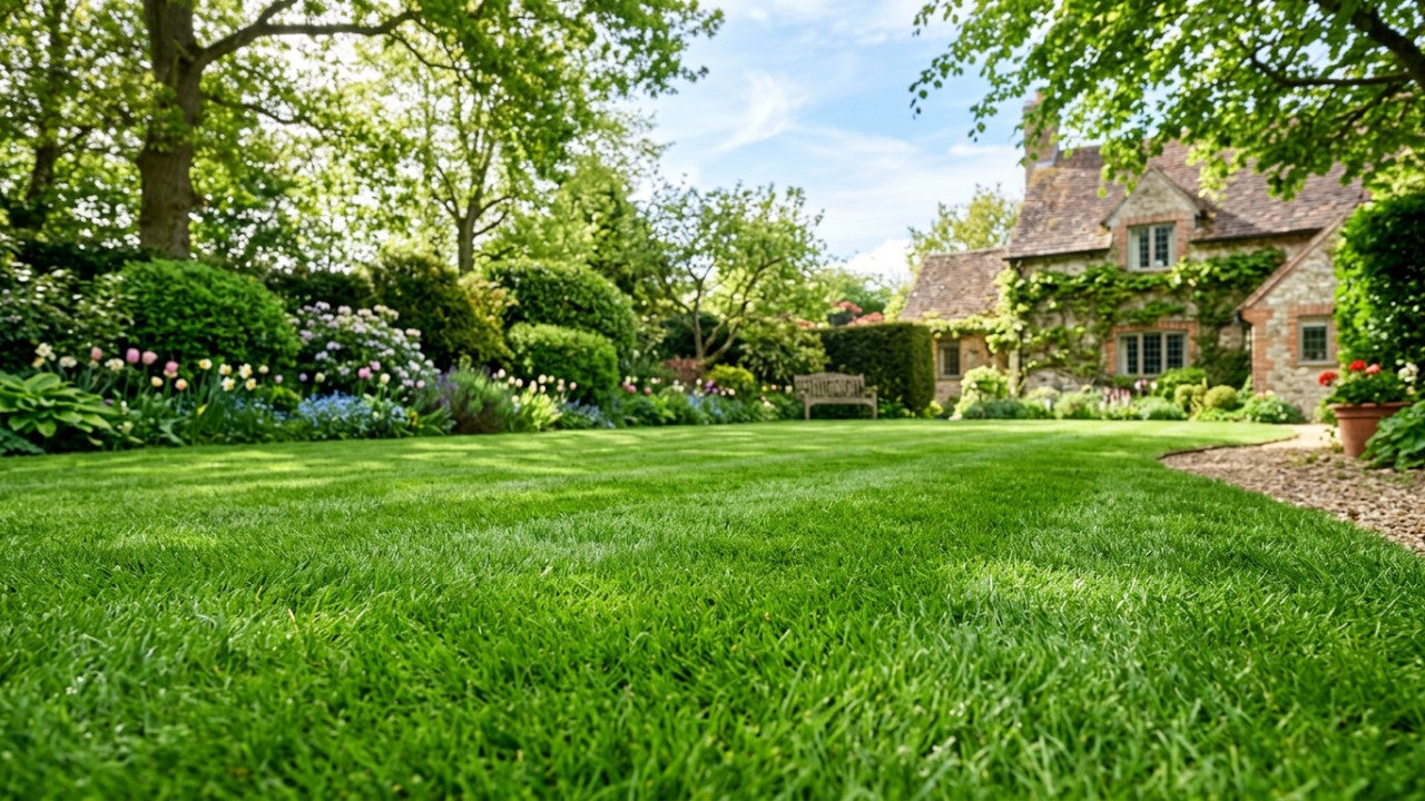 Een weelderig en gezond diepgroen gazon in de lente na het succesvol gras beluchten.