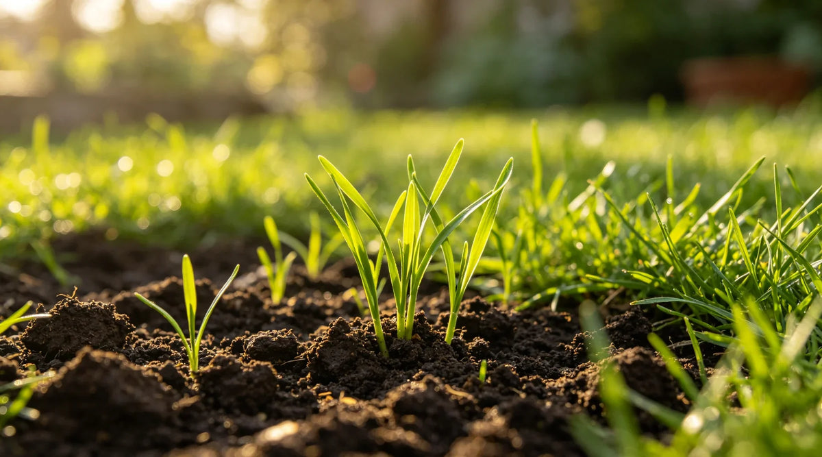 Jonge graskiemplantjes komen op uit donkere aarde in het ochtendlicht.