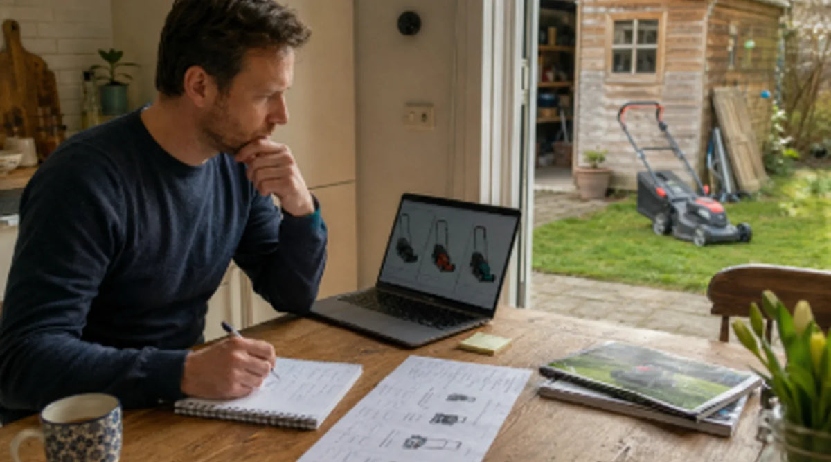 Man vergelijkt grasmaaiers online aan tafel met tuin en grasmaaier op de achtergrond.