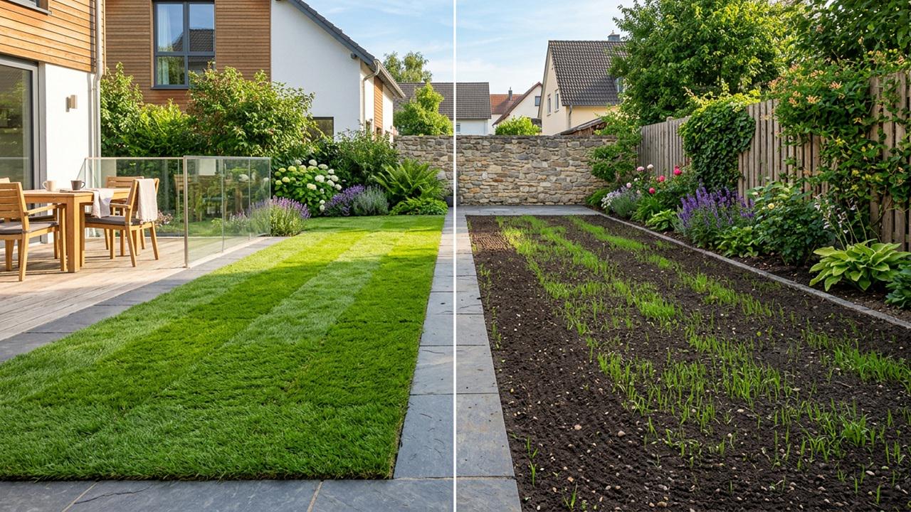 Visuele vergelijking tussen het direct leggen van graszoden en het zaaien van nieuw gras in de tuin.