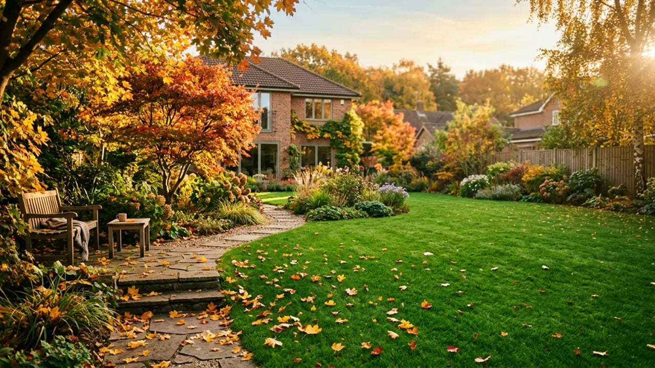 Prachtige herfsttuin met een groen gazon, herfstbladeren op het pad en een robotmaaier op de achtergrond.