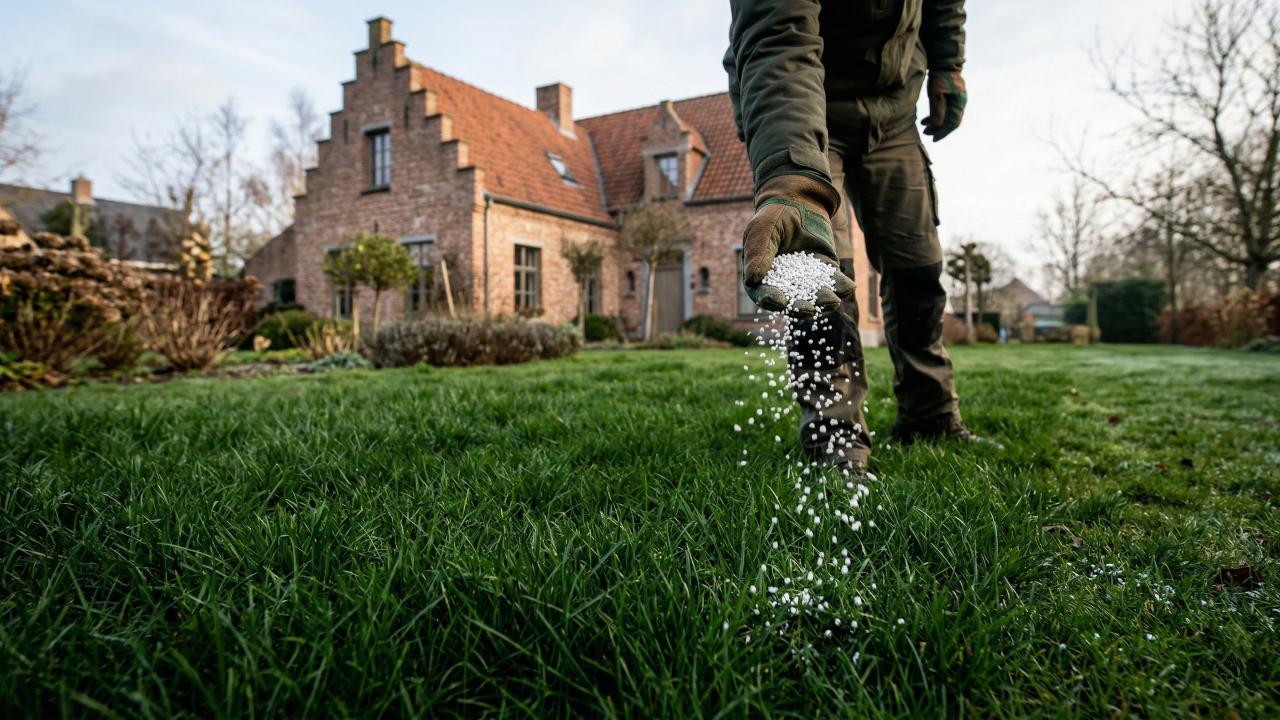 De eigenaar van het gazon sproeit kalk op het gras.