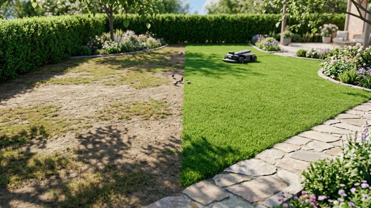 Het verschil tussen kale plekken in het gazon en een gezond, groen hersteld gazon.
