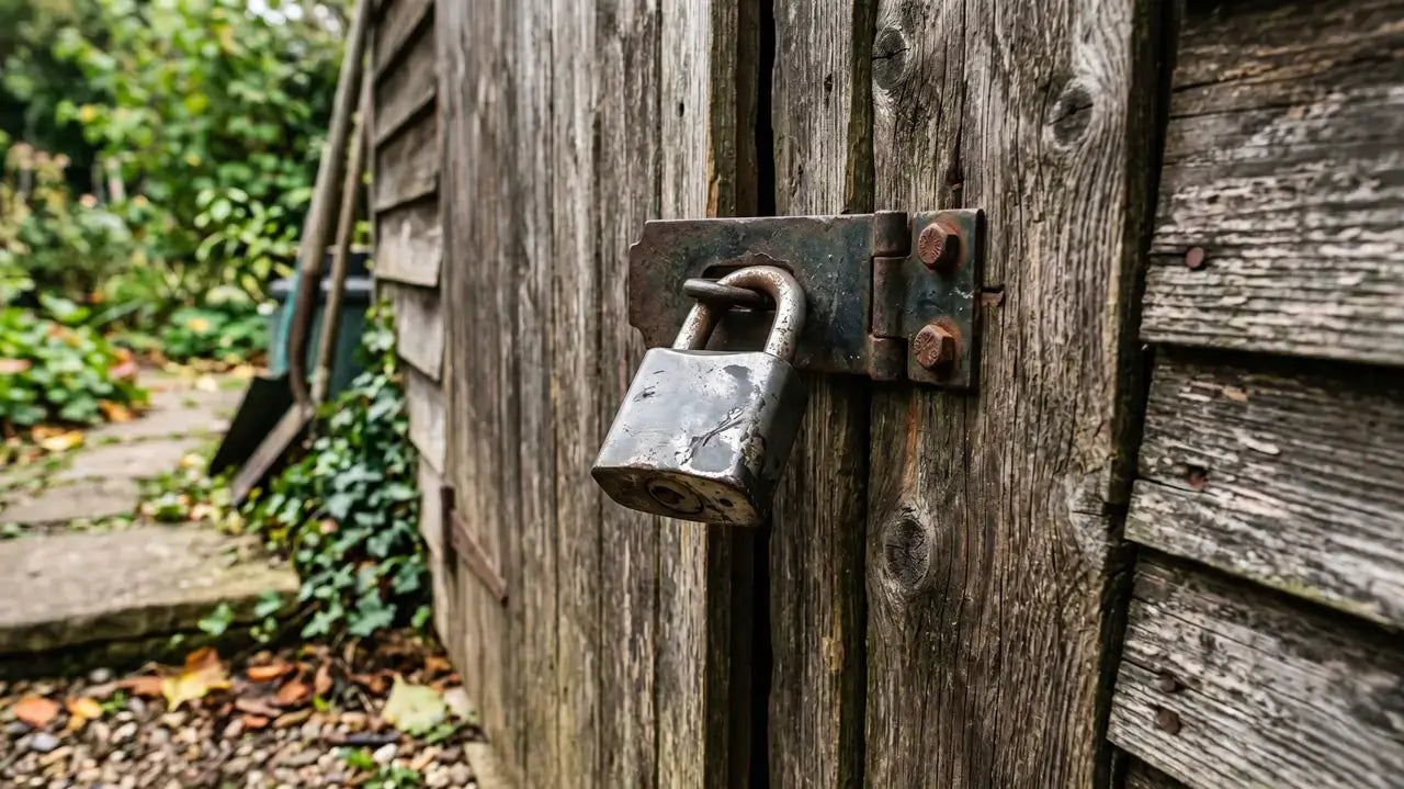 Oude hangslot op houten tuinschuurdeur ter bescherming van tuingereedschap en robotmaaier tegen diefstal.