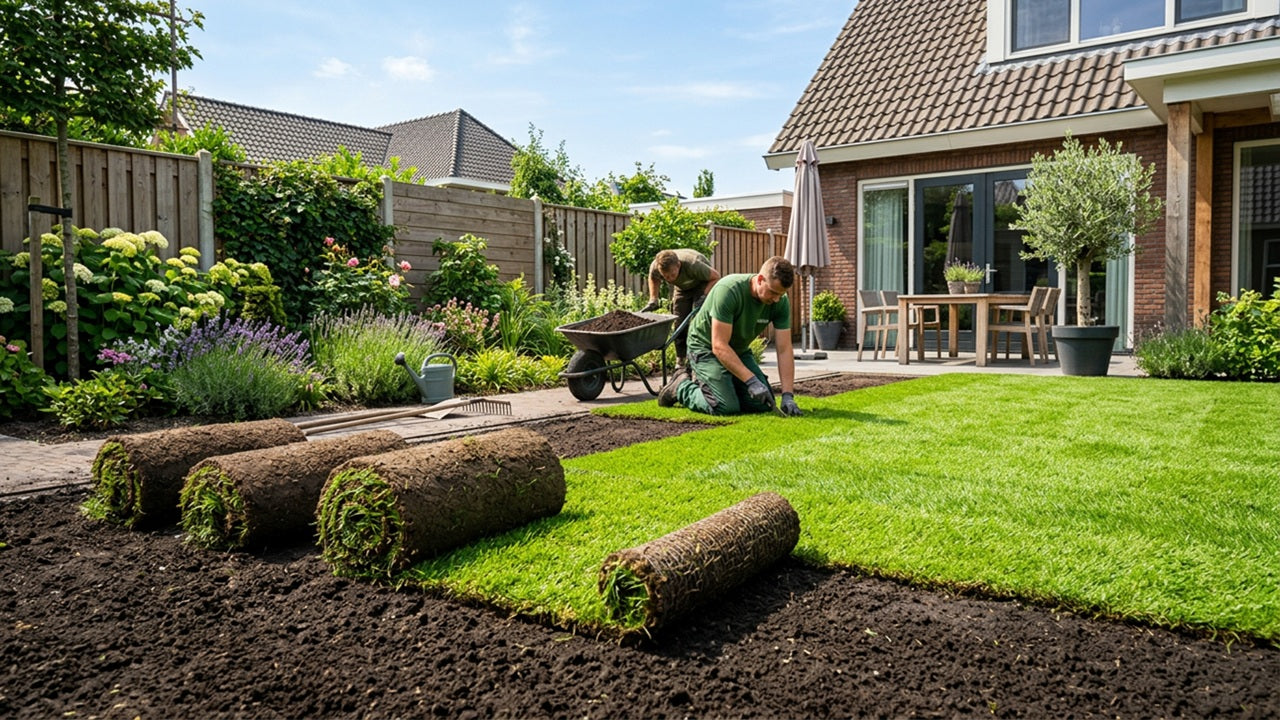 Nieuw gazon aanleggen met verse graszoden in een moderne achtertuin tijdens een zonnige dag.