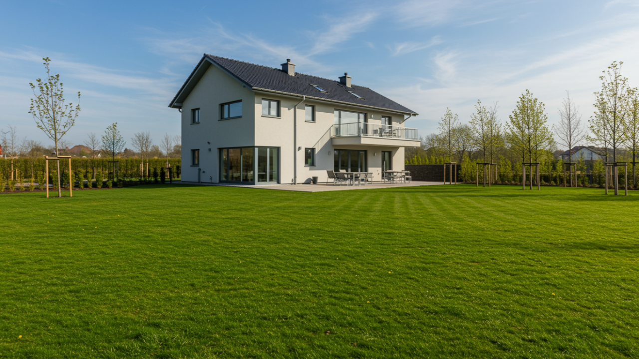 Een weelderig en perfect onderhouden groen gazon in het voorjaar na een succesvolle verticuteerbeurt.