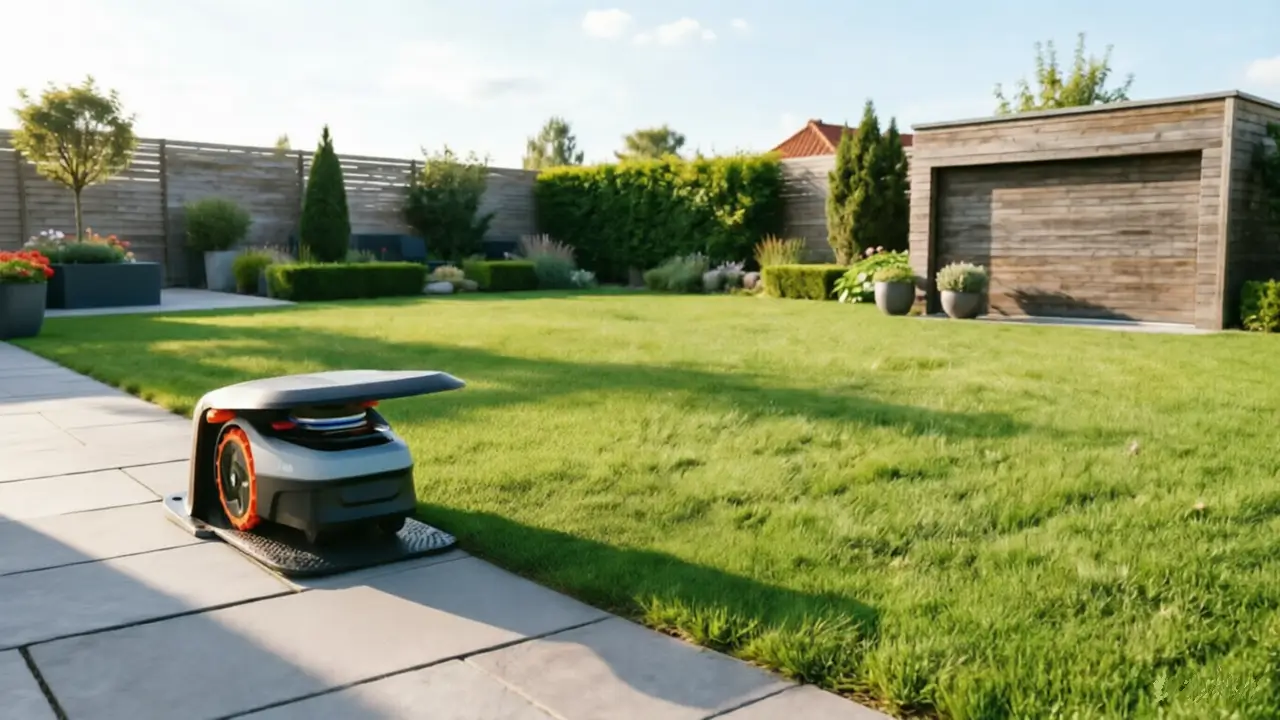Robotmaaier laadstation op tegels naast een groen gazon in een moderne tuin.