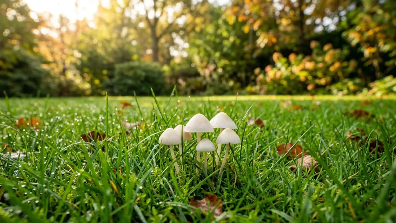 Kleine witte paddenstoelen groeien tussen vochtige grassprieten in de herfstzon, wat duidt op een actief en gezond bodemleven.