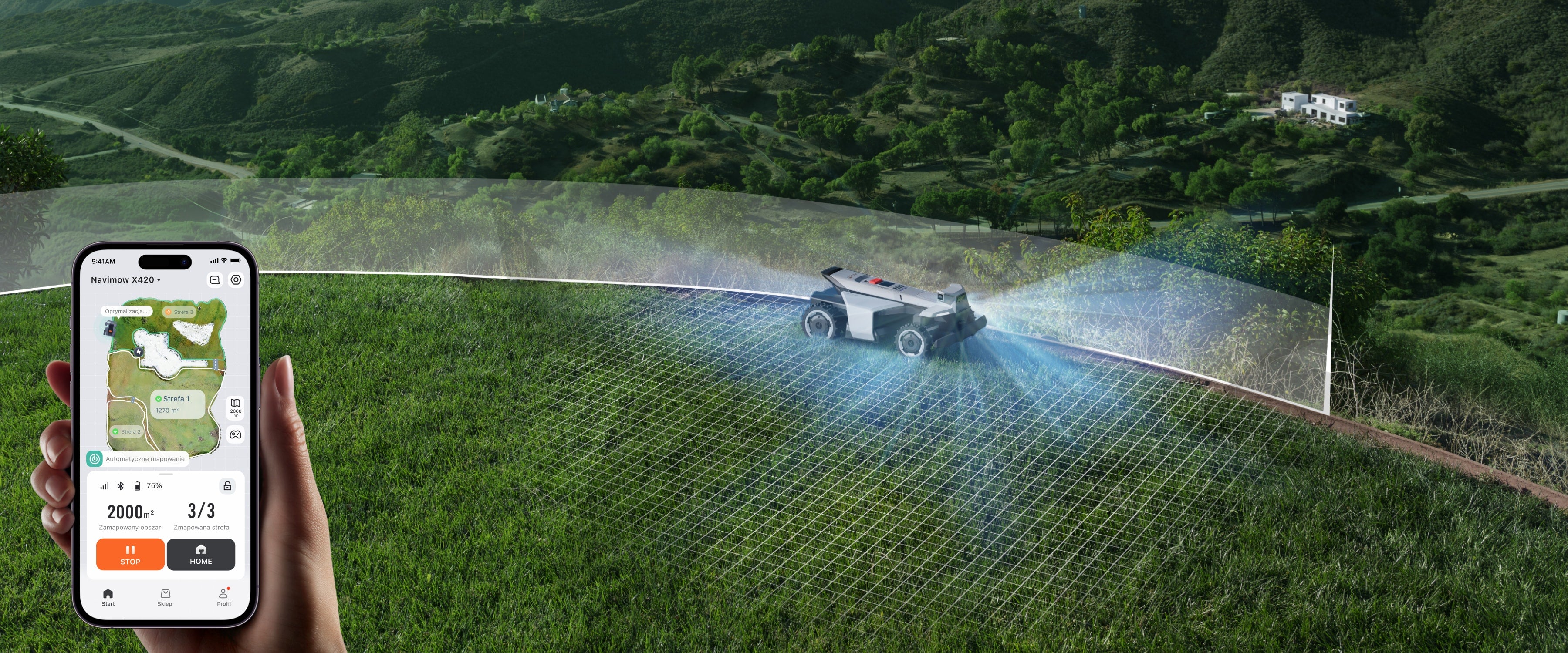 Navimow X420 robotmaaier maait het gras op een steile heuvel.