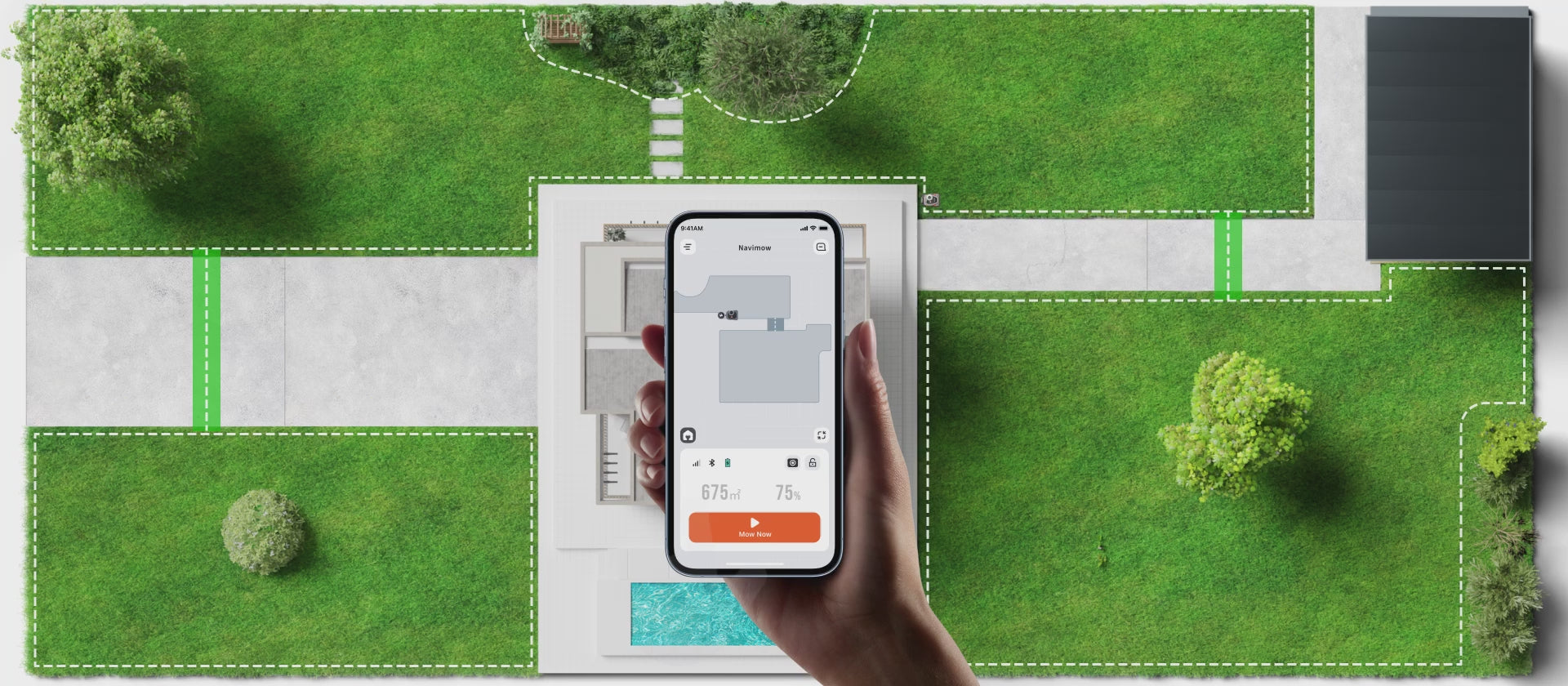 Laad video: <p>Remotely start mowing tasks or send mower home</p>